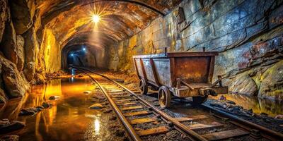 Dark and eerie abandoned mine with rusty cart on wet tracks photo