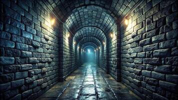Dark, damp, cold dungeon corridor with stone walls photo