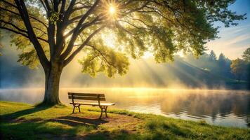 Peaceful scene of a bench under tree by foggy lake with sunlight filtering through leaves photo