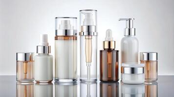 Cosmetic packaging set featuring symmetrical bottles with spray dispenser and dropper cream jar tube photo