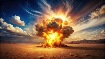 Desert landscape with fiery explosion and dust clouds photo