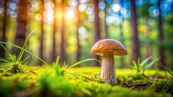 Edible mushroom and buttermilk in green grass of forest from worms eye view photo