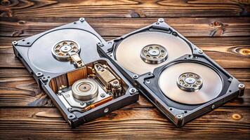 Different types of hard drives disks with different sizes and capacities on a wooden table Aerial photo