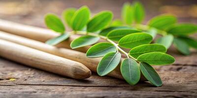 Drum stick and moringa leaf with leading lines in blurred background photo