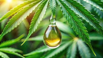 Drop of CBD oil with cannabis leaves in blurred background photo