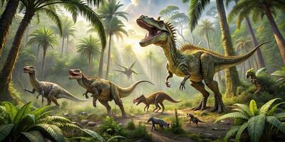 Dinosaurs in jungle forest at eye level photo