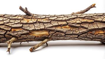 Dry branches with cracked dark bark isolated on white background at eye level. photo