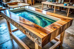 Crafting table with resin and wood epoxy poured into mold with wooden blanks Eye Level photo