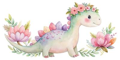 Cute dinosaur with flowers in pastel colors painted with watercolor on white background in wide-angle view photo