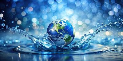 Earth splashing into water with blue bokeh background, high angle view photo