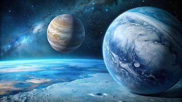 Earth and moon planet in space with blue ice surface of Ganymede and Jupiter in sky photo