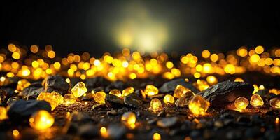 Dark background with yellow lights illuminating black rocks from a unique Worm's Eye View perspective photo