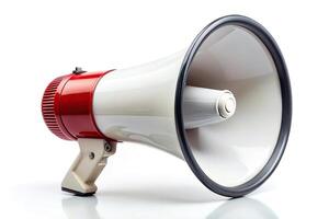 3D render of megaphone speaker object with a point of view perspective on a white background photo