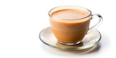 Cup of milk tea with spices like karak chai, isolated on white background photo
