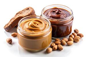 Creamy peanut butter and rich chocolate spread on a clean white background photo