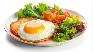 Egg hashbrown and salad plate on white background with copy space, Tilted Angle photo