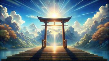 Illustration of a symmetrical heavenly gate opening in Japanese animation style photo