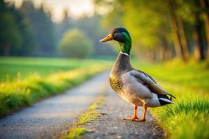 Duck drake on grass with road in background photo