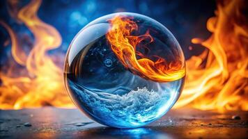 Desktop background of a Yin Yang symbol merging with fire and ice elements inside a crystal ball in extreme close-up photo