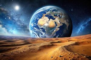 Desolate lunar desert landscape on an outer planet with earth in the background at a tilted angle photo