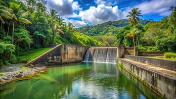 Dam reflecting in abandoned Bano Grande Swim area in El Yunque National Forest, Puerto Rico photo