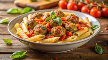 Depth of field penne pasta with meatballs in tomato sauce garnished with basil photo