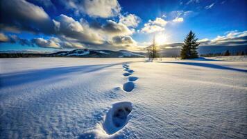 Dramatically lit footsteps in unbroken powdery winter snow in the American West Wyoming Forced Perspective photo