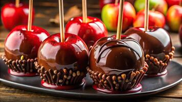 Depth of field photo depicting red taffy apples and melted chocolate covered apples