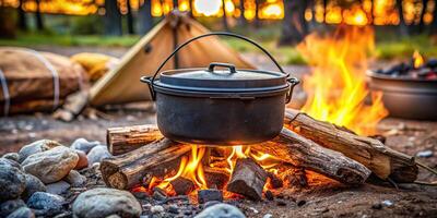Dutch oven camp cooking with coal briquettes beads on top in a firepit photo