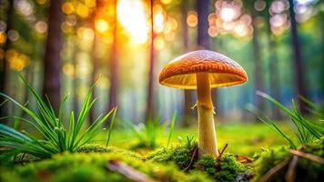 Edible mushroom buttermilk in green grass in forest with selective focus Worm's Eye View photo