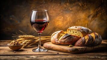 Depth of field shot of bread and wine on table in good lighting photo