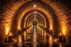 Eerie crypt tunnel illuminated by candlelight from above aerial view photo