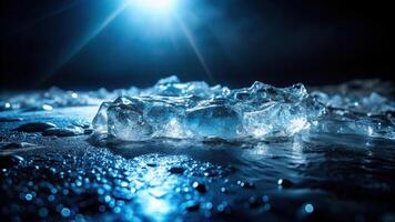 Dark ice illuminated by a stream of light on a black background in worm's eye view photo