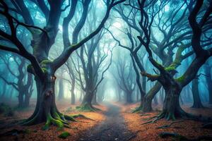 Eerie curved trees in a mysterious and foggy forest, a dark and mystical scene background with leading lines photo