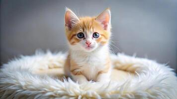 Cute yellow and white kitten on a fluffy cushion with fisheye effect photo