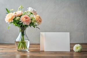 Elegant invitation mockup on empty table with flower vase photo
