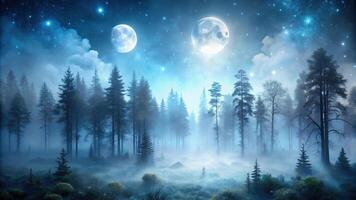 Eerie fog enveloping spooky forest under moonlight with abstract bokeh effects, shot at a tilted angle photo