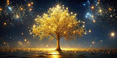 Depth of Field The Magical Golden Tree Illuminated Against a Night Sky With Sparkling Lights photo