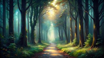 Dark, mysterious path leading through dense forest photo