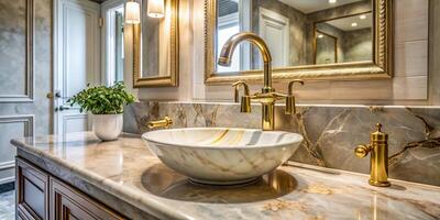 Elegant bathroom with a beautiful faucet and marble sink, low angle view photo