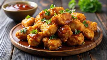 Delicious boneless chicken nuggets in honey garlic bbq sauce photo