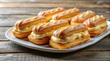 Delicious eclairs filled with vla or custard, served on a plate photo