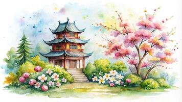 Cute watercolor pagoda house with spring flowers from a worm's eye view photo