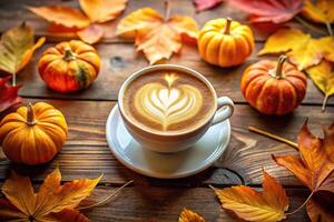 Cozy autumn coffee scene with heart latte art pumpkins photo