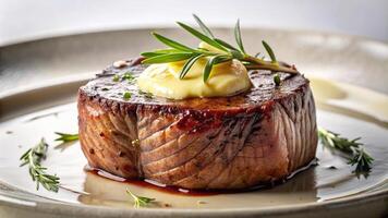 Delicious seared filet mignon with truffle butter on elegant porcelain plate, viewed through a fisheye lens photo