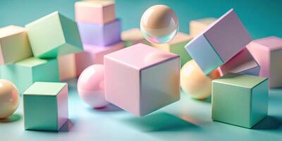 3D render of pastel colored cubes and floating sphere macro photo