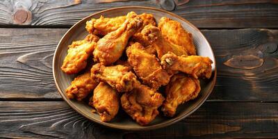 Delicious fried chicken wings with golden crust served on plate photo