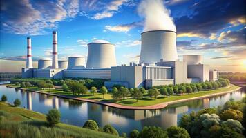 Cutting edge nuclear power plant with next generation fusion reactors in forced perspective photo