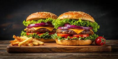 Delicious hamburger and double burger with meat, salad, cheese, tomato, onion, and french fries on wooden surface and black background photo