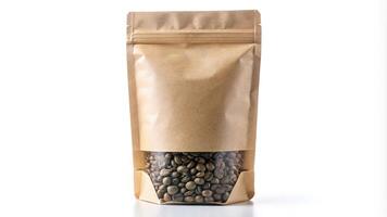 Low angle kraft paper doypack stand up pouch with window zipper filled with coffee beans on white background photo